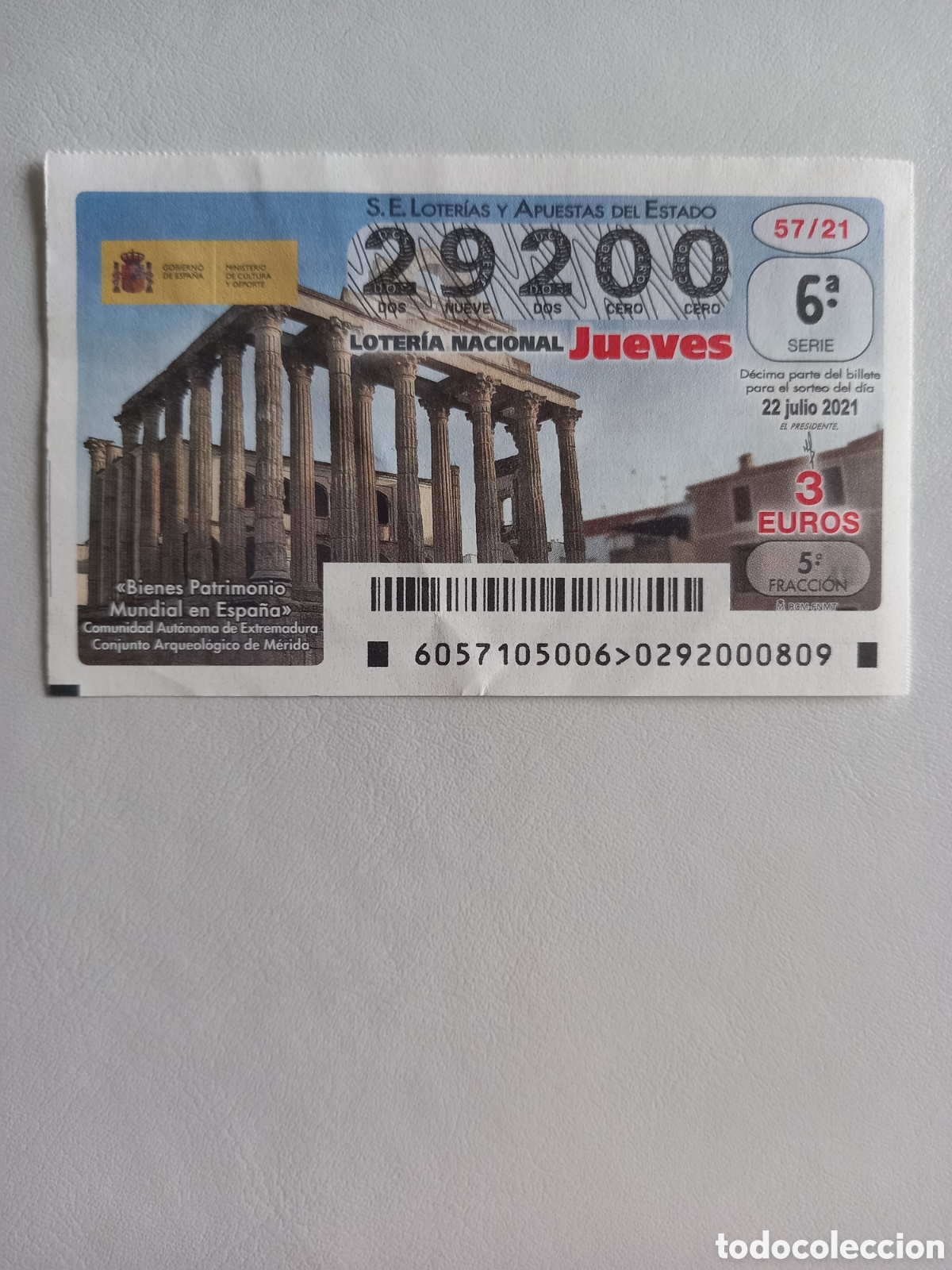 National Spanish Lottery: LOTER&Iacute;A 22 JULIO 2021 - PATRIMONIO MUNDIAL: CONJUNTO ARQUEOL&Oacute;GICO DE M&Eacute;RIDA