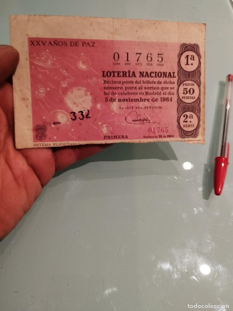 Nationale spanische Lotterie: Antigua LOTER&Iacute;A NACIONAL D&eacute;cima parte del billete de dicho n&uacute;mero, 5 nov. 1964.