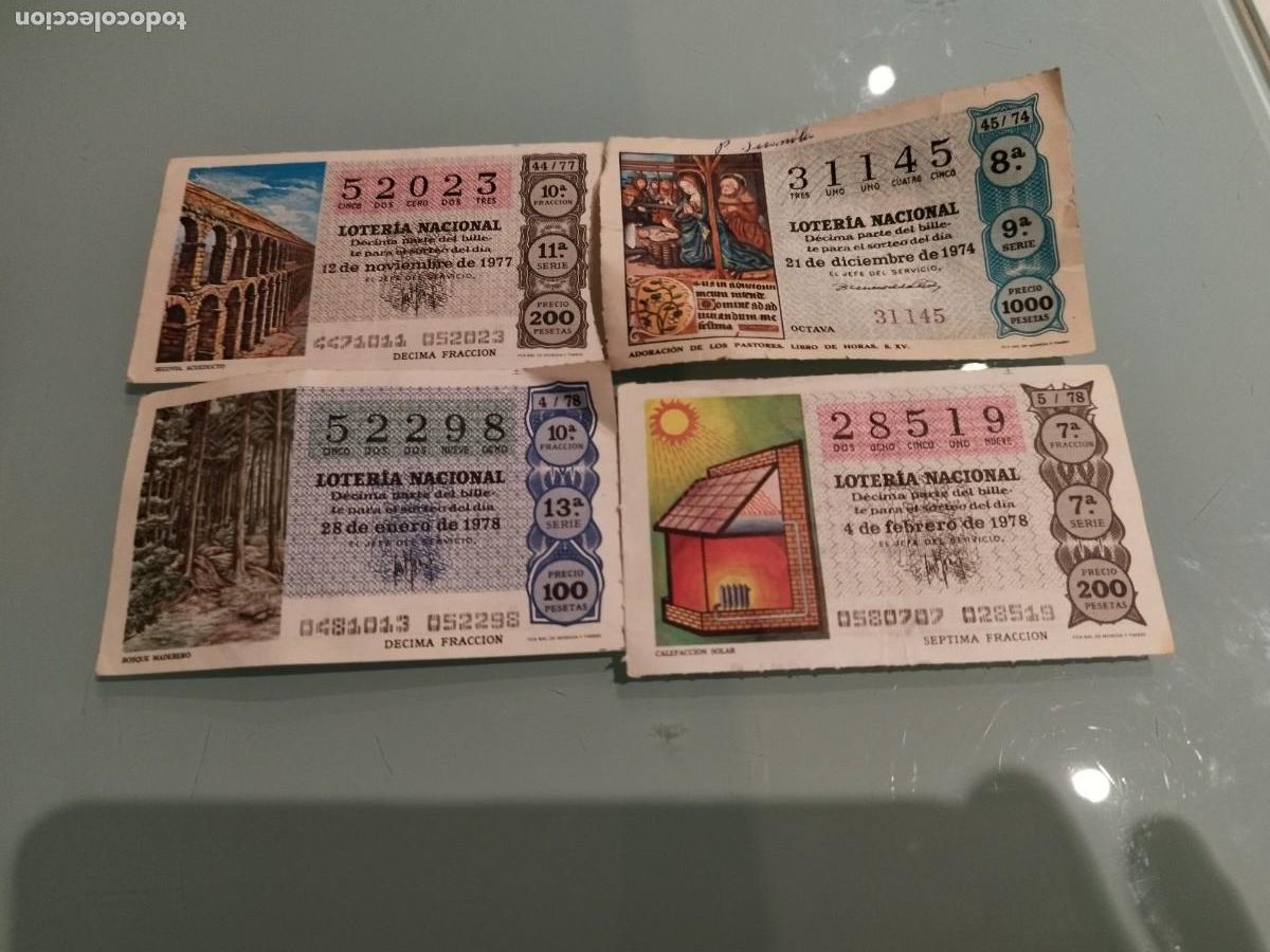 Nationale spanische Lotterie: Cuatro antiguas decimos de loter&iacute;a nacional de los a&ntilde;os.1974/77/78