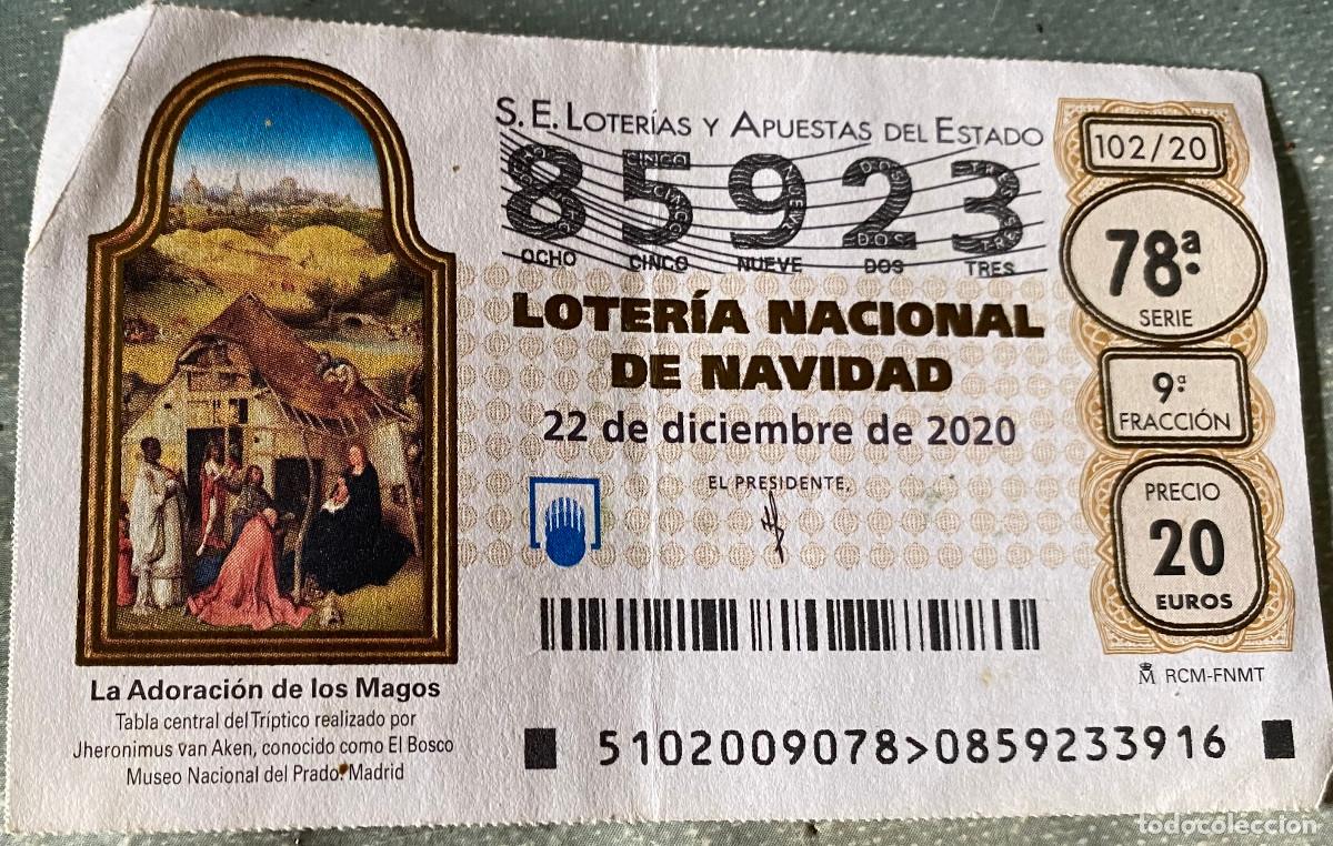 Nationale spanische Lotterie: D&eacute;cimo de Loter&iacute;a de Navidad 2020. N&ordm; 85923. Sello Administraci&oacute;n n&ordm; 43 de Sevilla por detr&aacute;s.