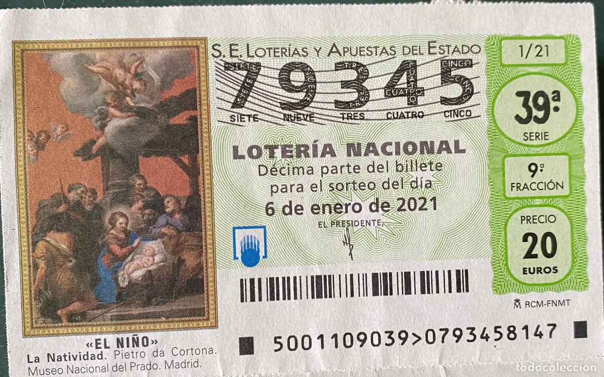 Nationale spanische Lotterie: D&eacute;cimo de Loter&iacute;a del Ni&ntilde;o 2021. N&ordm; 79345. Sello Administraci&oacute;n n&ordm; 43 de Sevilla por detr&aacute;s.