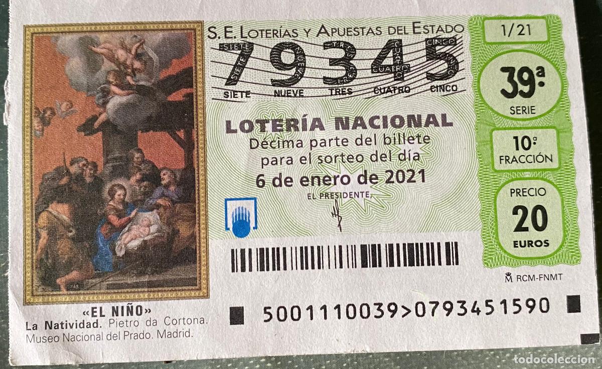 Nationale spanische Lotterie: D&eacute;cimo de Loter&iacute;a del Ni&ntilde;o 2021. N&ordm; 79345. Sello Administraci&oacute;n n&ordm; 43 de Sevilla por detr&aacute;s.