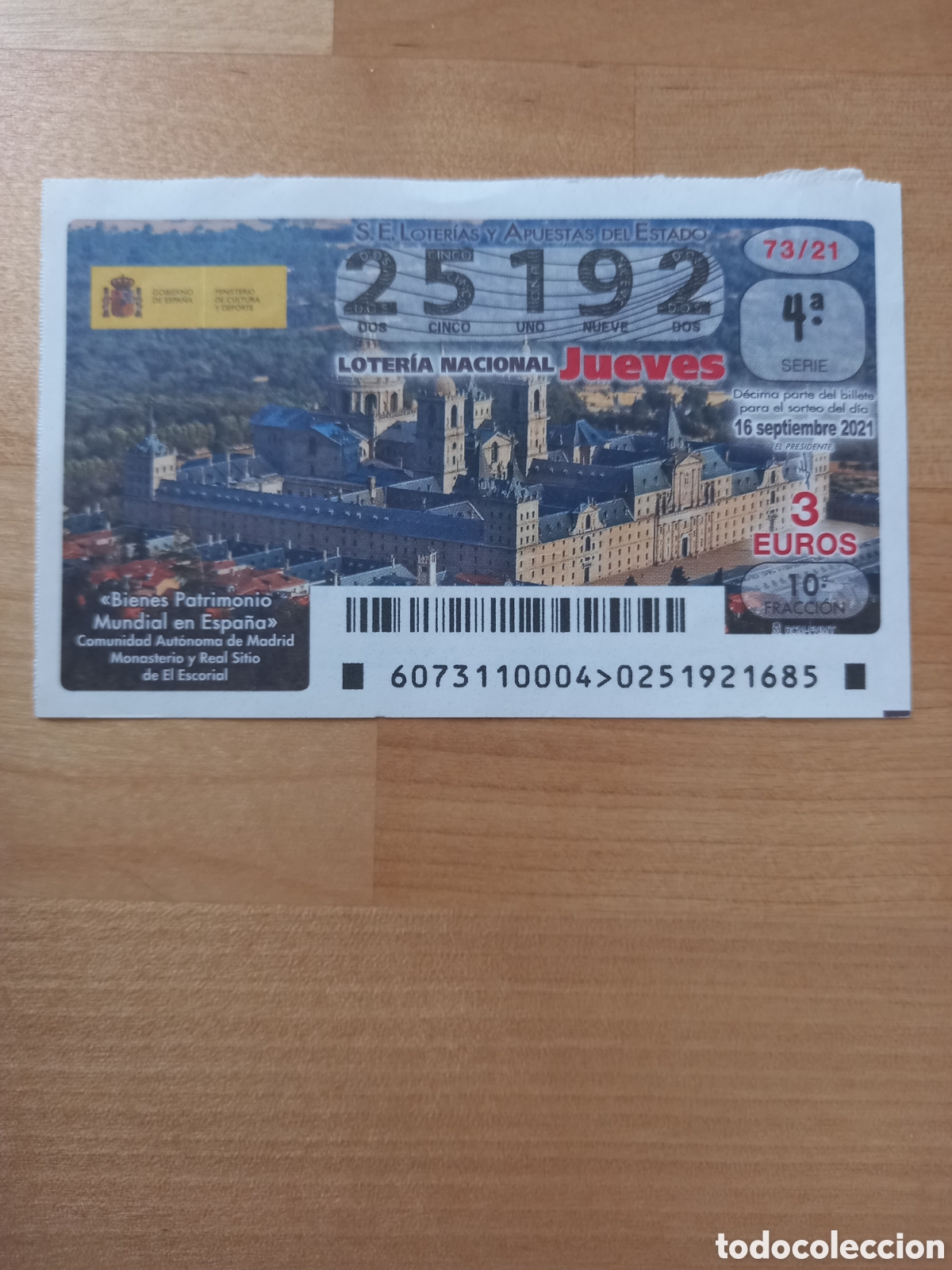 Nationale spanische Lotterie: LOTER&Iacute;A 16 SEPTIEMBRE 2021 - PATRIMONIO MUNDIAL: MONASTERIO Y REAL SITIO DE EL ESCORIAL