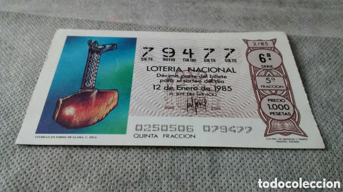 Nationale spanische Lotterie: DECIMO DE LA LOTERIA NACIONAL. SORTEO 12 ENERO 1985 2/85 CUCHILLO EN FORMA DE LLAMA