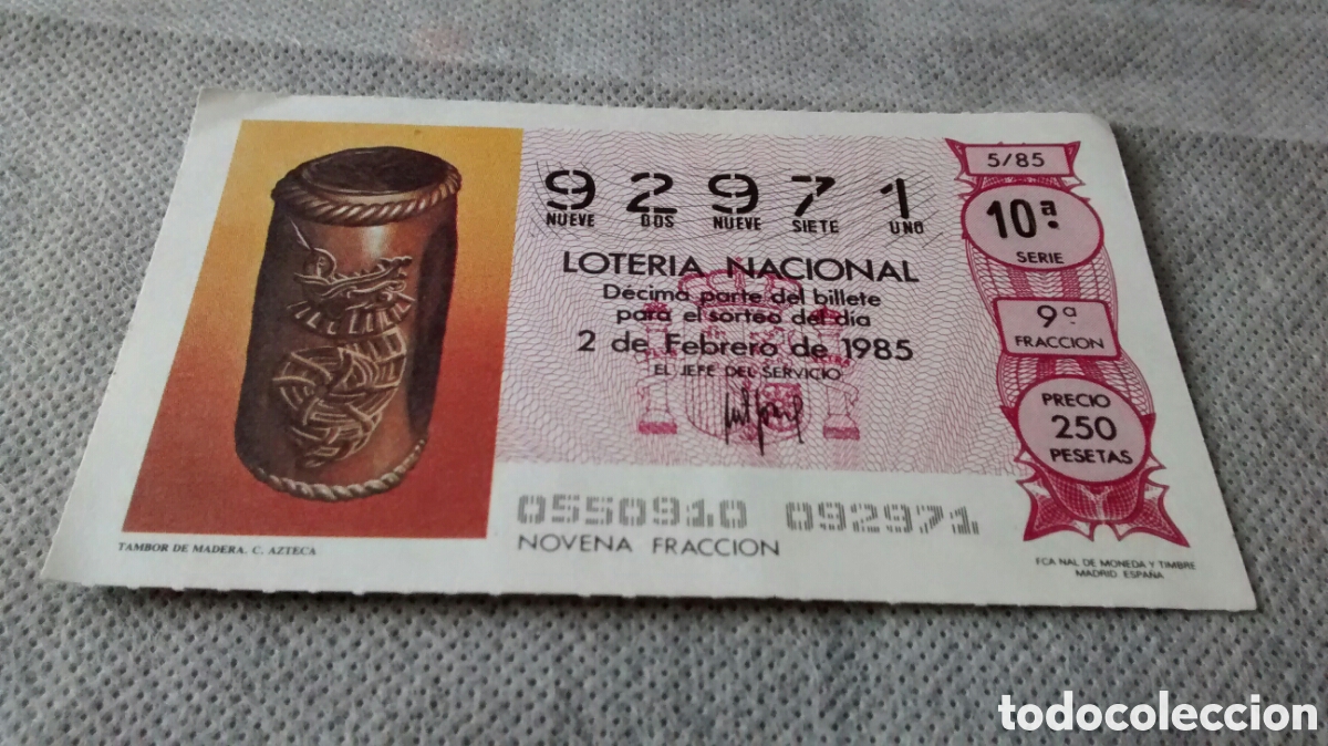 Nationale spanische Lotterie: DECIMO DE LA LOTERIA NACIONAL. SORTEO 2 FEBRERO 1985 5/85 TAMBOR DE MADERA
