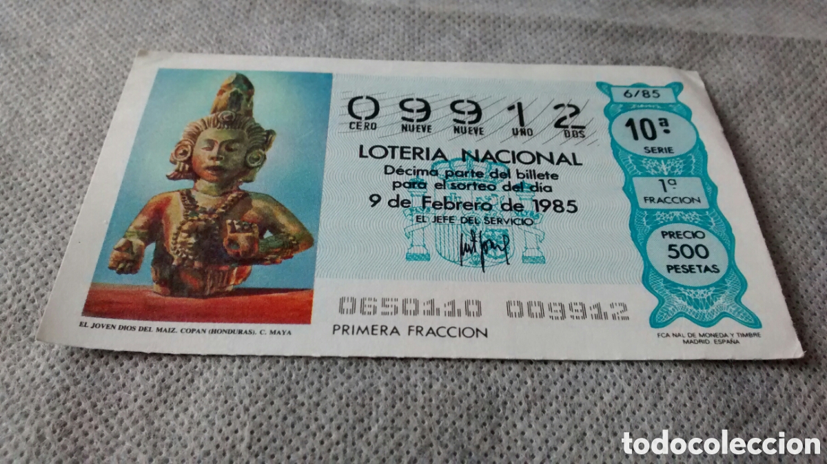 Nationale spanische Lotterie: DECIMO DE LA LOTERIA NACIONAL. SORTEO 9 FEBRERO 1985 6/85 EL JOVEN DIOS DEL MAIZ, COPAN