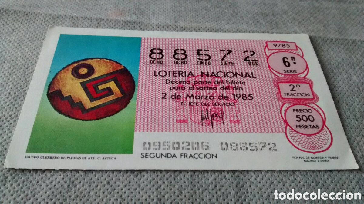 Nationale spanische Lotterie: DECIMO DE LA LOTERIA NACIONAL. SORTEO 2 MARZO 1985 9/85 ESCUDO GUERRERO PLUMAS AVE
