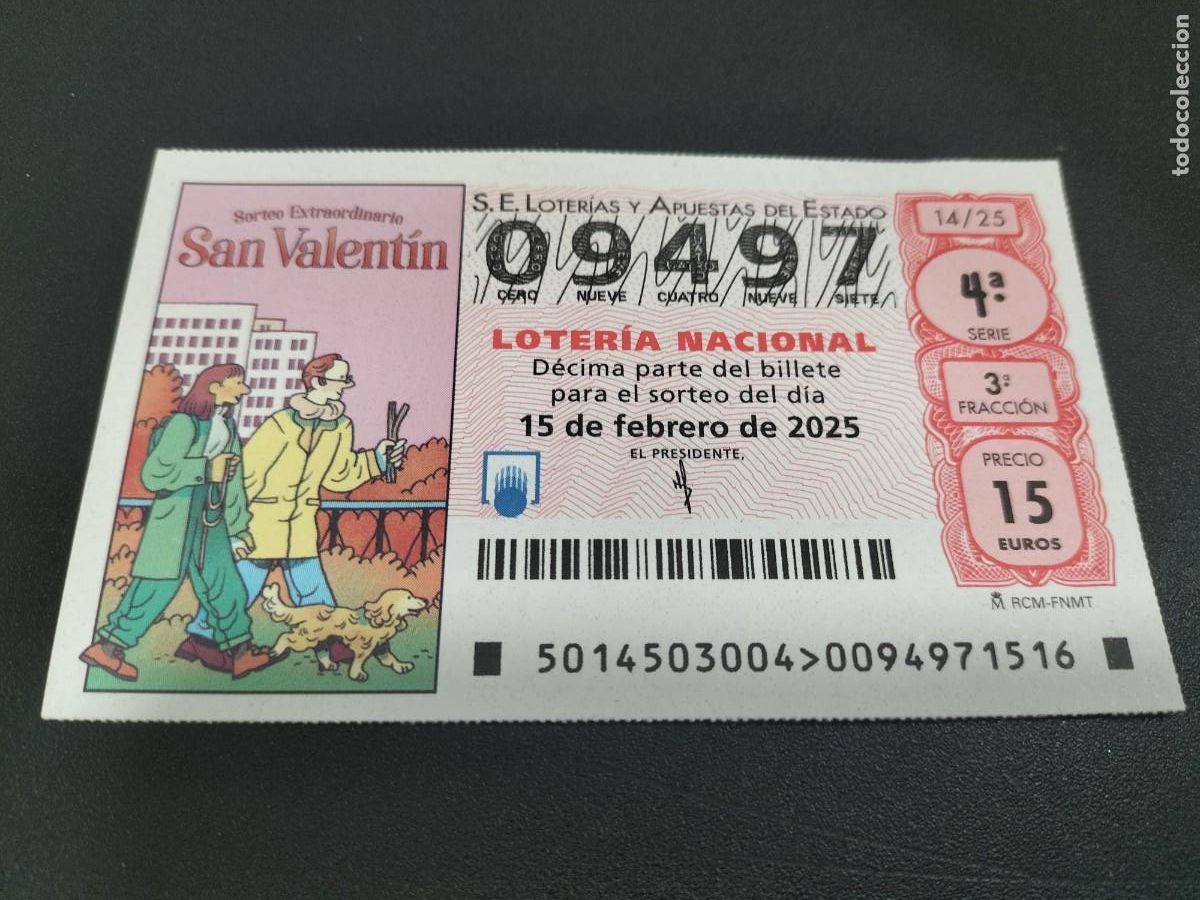 Loterie Nationale: 1 DECIMO LOTER&Iacute;A SABADO 15 FEBRERO 2025 14/25 - SAN VALENT&Iacute;N ( PAREJA PASEANDO CON EL PERRO