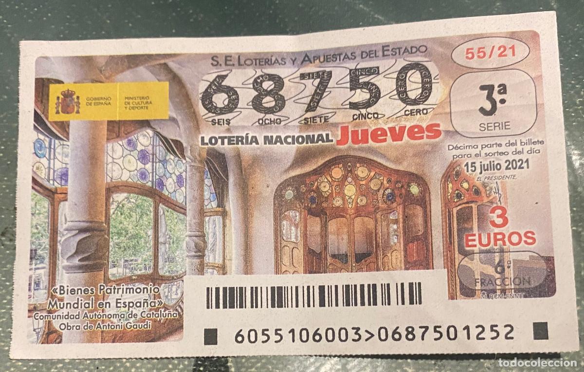 National Spanish Lottery: D&eacute;cimo de Loter&iacute;a 15 de Julio de 2021. N&ordm; 68750. Sello Administraci&oacute;n n&ordm; 43 de Sevilla por detr&aacute;s.