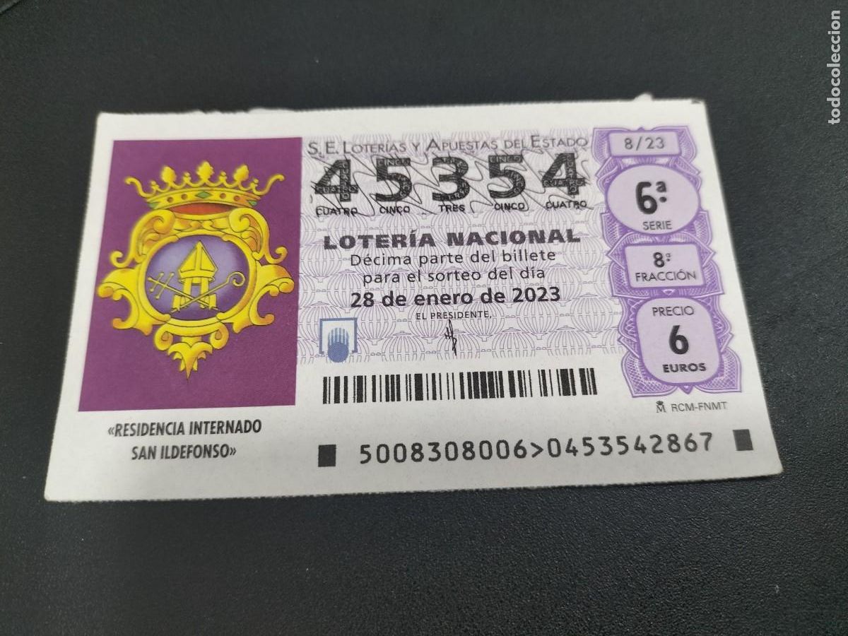 Nationale spanische Lotterie: 1 DECIMO LOTERIA SABADO 28 ENERO 2023 - 8/23 - CAPICUA - RESIDENCIA INTERNADO NI&Ntilde;OS SAN ILDEFONSO