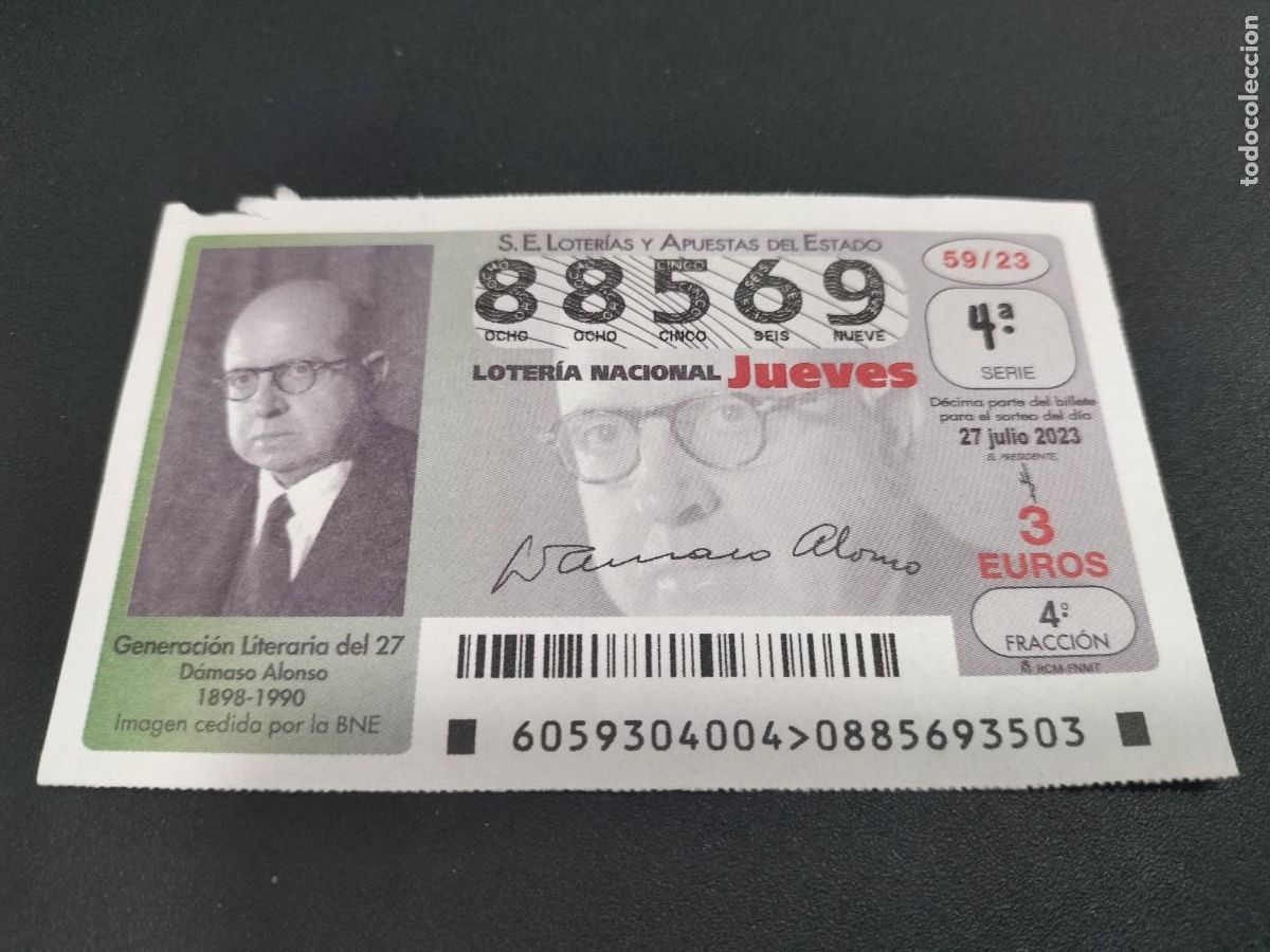 Nationale spanische Lotterie: 1 DECIMO LOTERIA NACIONAL JUEVES 27 JULIO 2023 - 59/23 GENERACION DEL 27 - DAMASO ALONSO