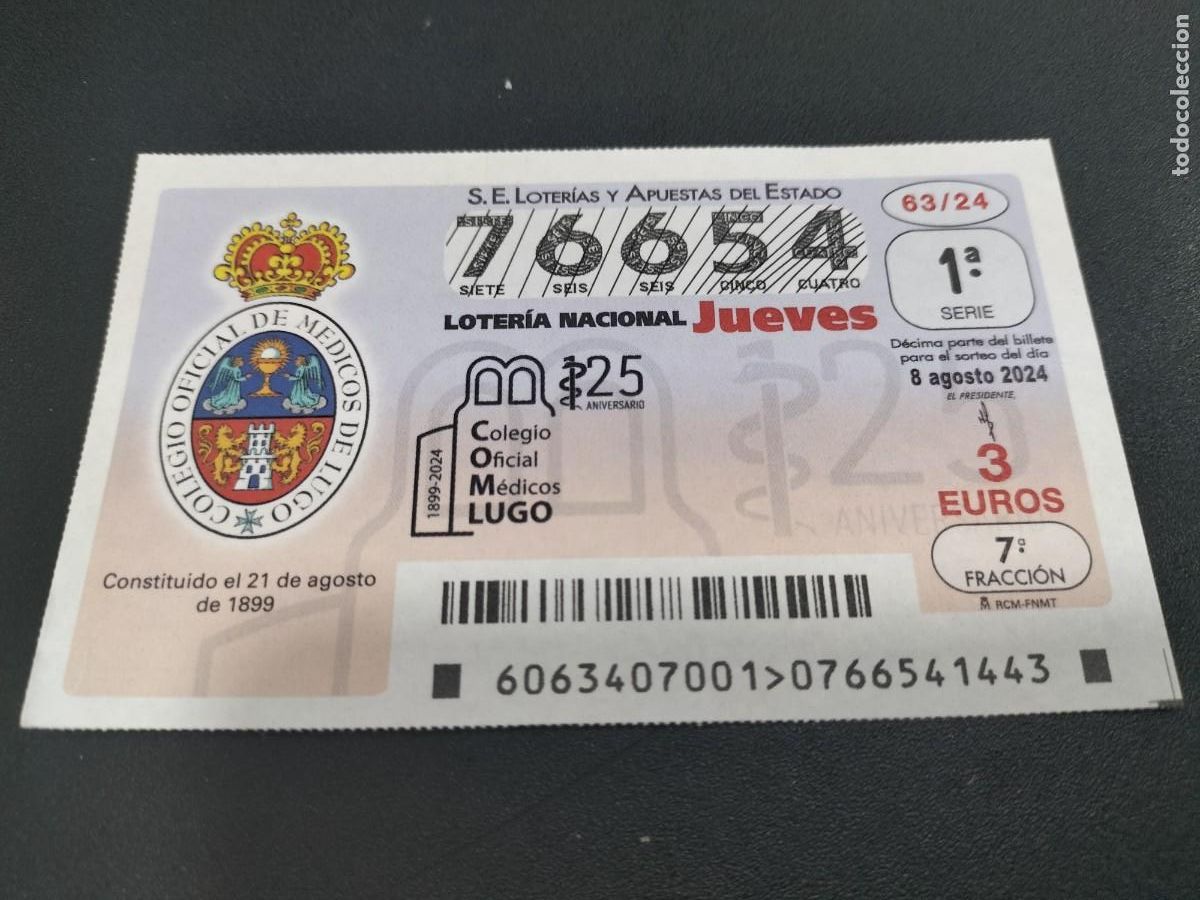 Nationale spanische Lotterie: 1 D&Eacute;CIMO LOTER&Iacute;A JUEVES 8 AGOSTO 2024 63/24 LUGO COLEGIO OFICIAL DE M&Eacute;DICOS