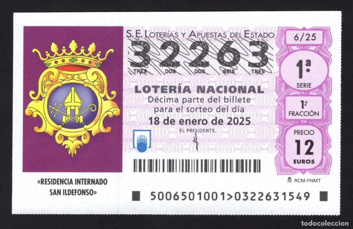 Nationale spanische Lotterie: L. 18 enero 2025. Residencia Internado. S. Ildefonso.N&ordm; 32263. Adm&oacute;n 27 La Ranita de la Suerte (Mad