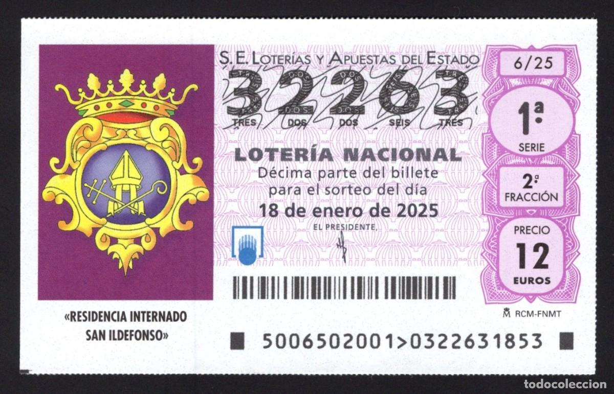 Nationale spanische Lotterie: L. 18 enero 2025. Residencia Internado. San Ildefonso.N&ordm; 32263. Adm&oacute;n 27 La Ranita de la Suerte (Mad