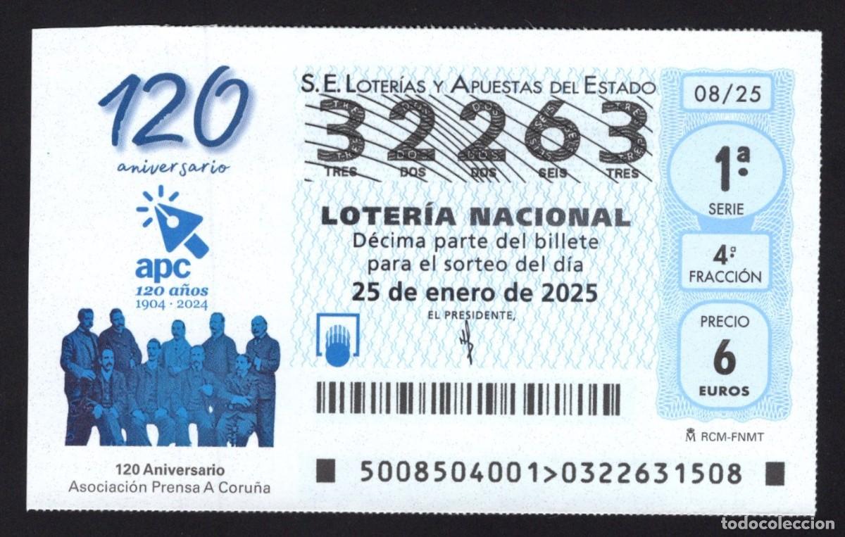 Nationale spanische Lotterie: L. 25 enero 2025. 120 Anv&ordm; A. Prensa A Coru&ntilde;a.N&ordm; 32263. Adm&oacute;n 27 La Ranita de la Suerte (Madrid)