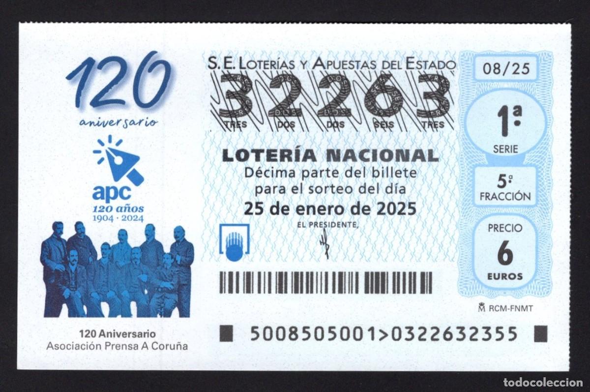 Nationale spanische Lotterie: L. 25 enero 2025. 120 Anv&ordm; Asociaci&oacute;n Prensa A Coru&ntilde;a.N&ordm; 32263. Adm&oacute;n 27 La Ranita de la Suerte (Mad