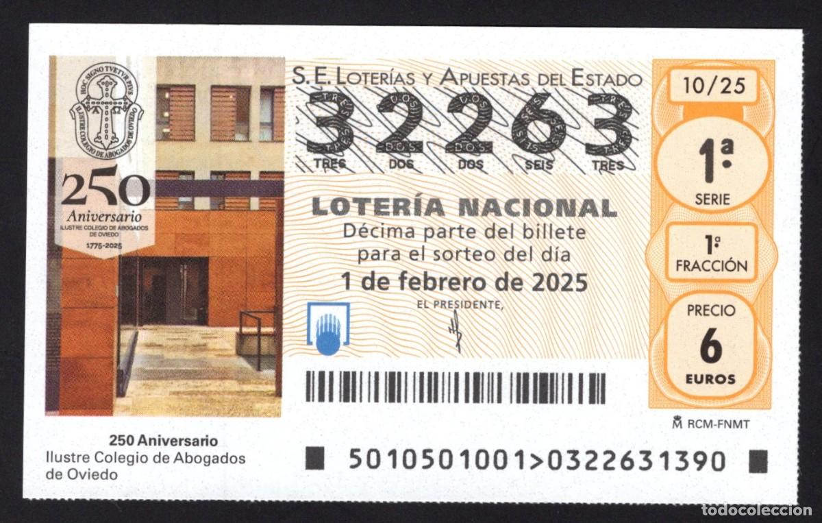 Nationale spanische Lotterie: L. 1 febrero 2025. 250 Anv&ordm; C. Abogados. Oviedo.N&ordm; 32263. Adm&oacute;n 27 La Ranita de la Suerte (Madr