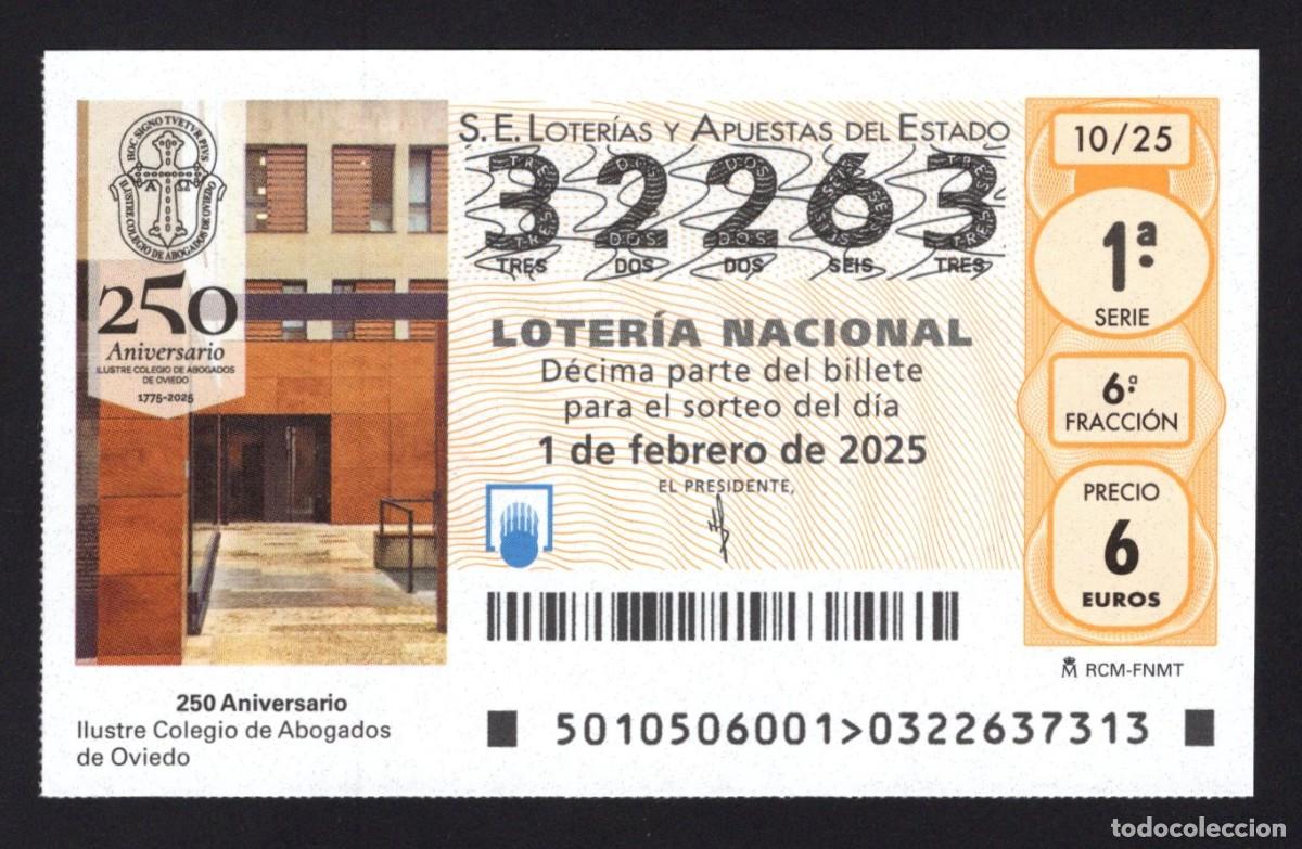 Nationale spanische Lotterie: L. 1 febrero 2025. 250 Anv&ordm; Colegio Abogados. Oviedo.N&ordm; 32263. Adm&oacute;n 27 La Ranita de la Suerte (Madr