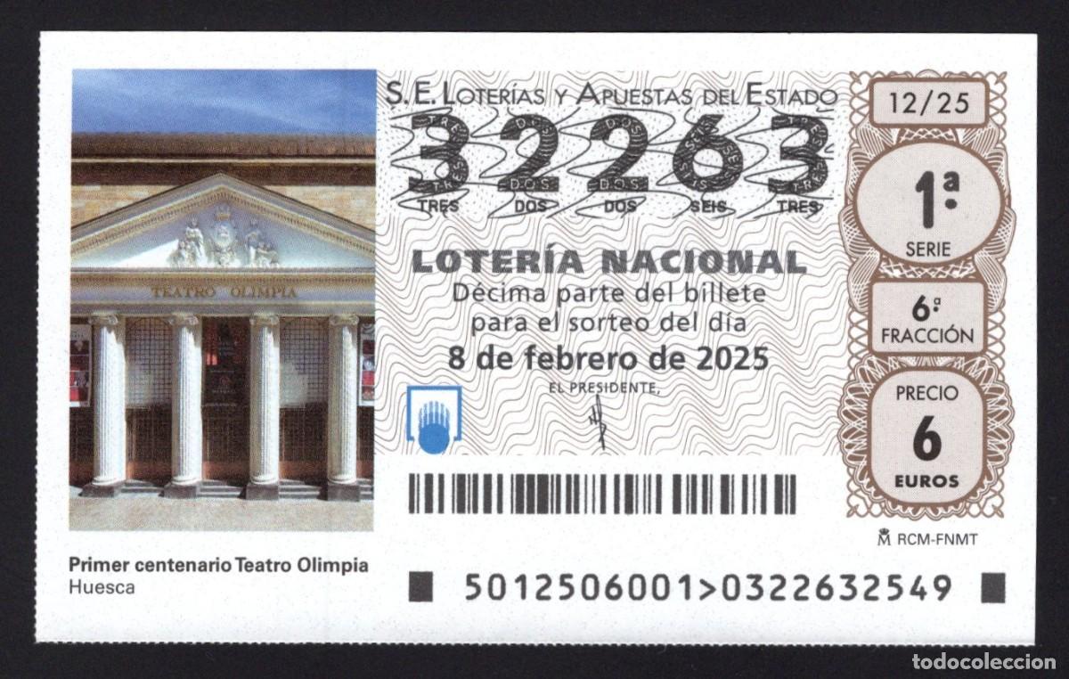 Nationale spanische Lotterie: L. 8 febrero 2025. Primer Cent&ordm; Teatro Olimpia. Huesca. N&ordm; 32263. Adm&oacute;n 27 La Ranita de la Suerte (M