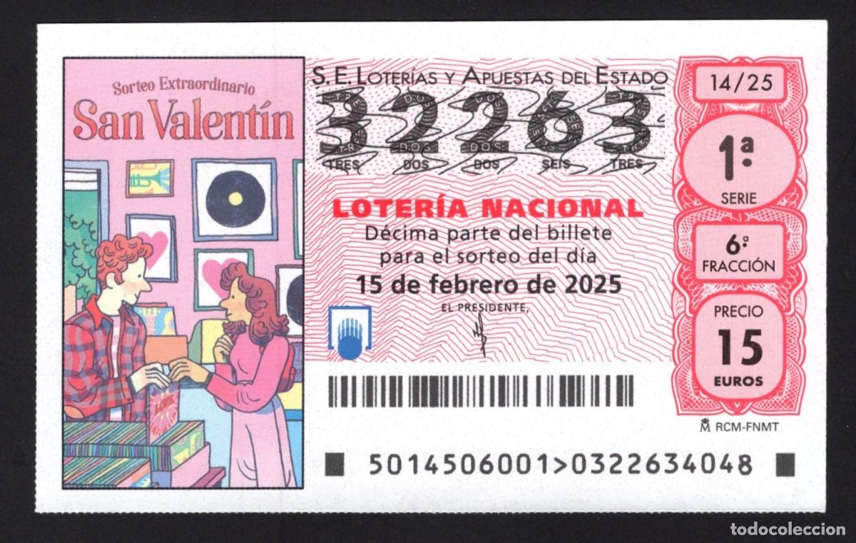 Nationale spanische Lotterie: L. 15 febrero 2025. Sorteo Extraordinario San Valent&iacute;n. N&ordm; 32263. Adm&oacute;n 27 La Ranita de la Suerte (M
