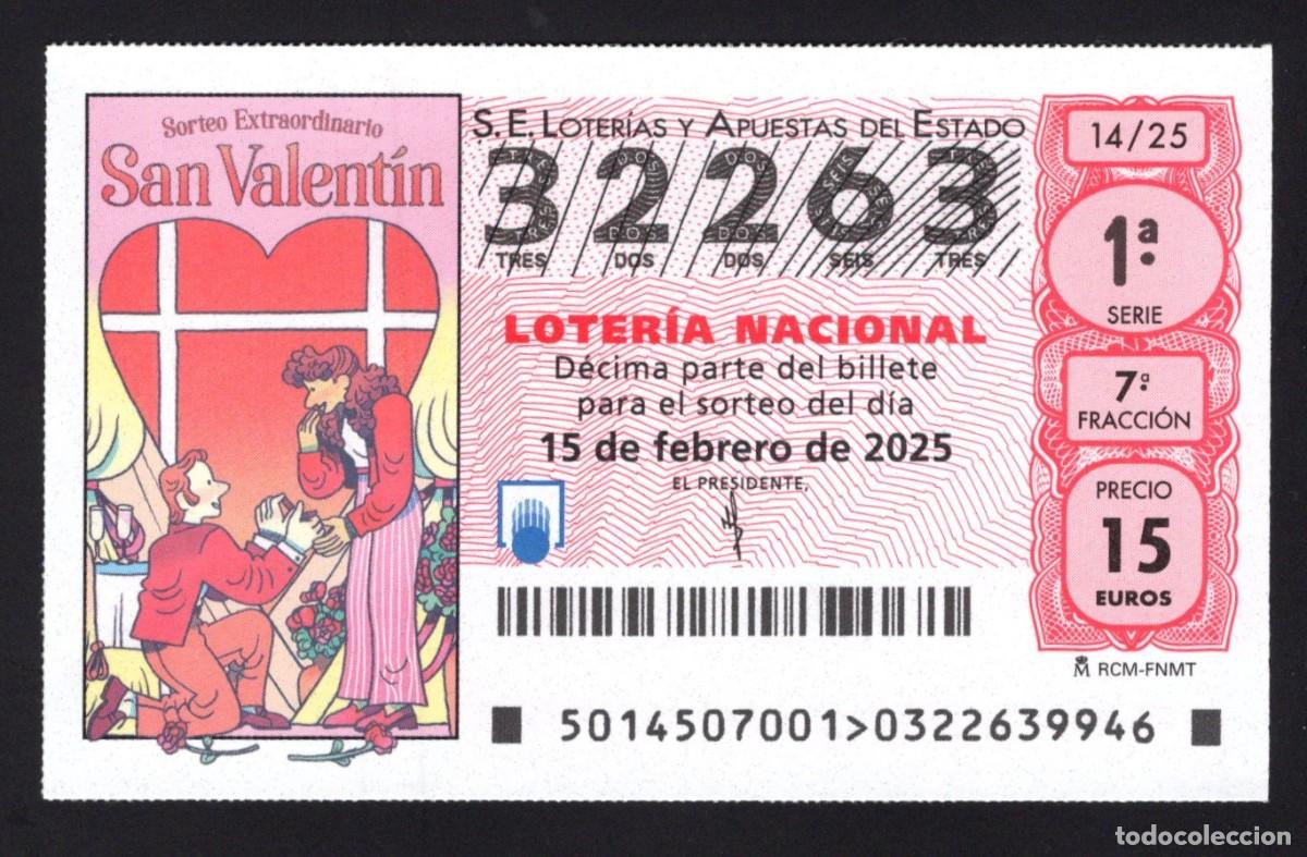 Nationale spanische Lotterie: L. 15 febrero 2025. Sorteo Extraordinario San Valent&iacute;n. N&ordm; 32263. Adm&oacute;n 27 La Ranita de la Suerte (M