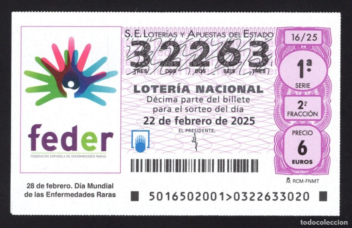 Nationale spanische Lotterie: L. 22 febrero 2025. Dia Mundial FEDER. N&ordm; 32263. Adm&oacute;n 27 La Ranita de la Suerte (Madrid).