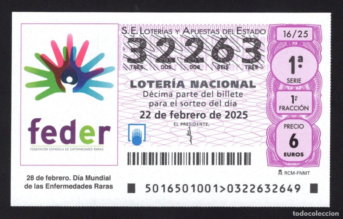Nationale spanische Lotterie: L. 22 febrero 2025. Dia Mundial FEDER. N&ordm; 32263. Adm&oacute;n 27 La Ranita de la Suerte (Madrid).