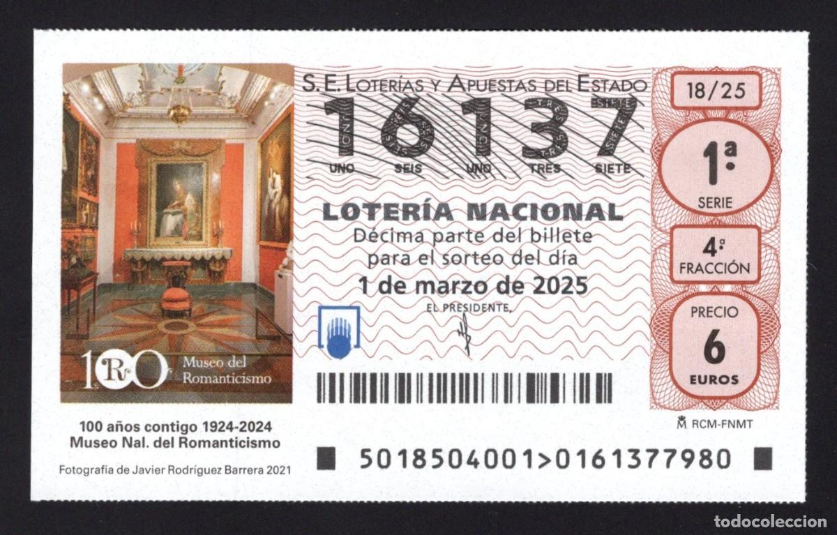 Nationale spanische Lotterie: L. 1 marzo 2025. 100 A&ntilde;os contigo. Museo del Romanticismo. Adm&oacute;n 27 La Ranita de la Suerte (Madrid).