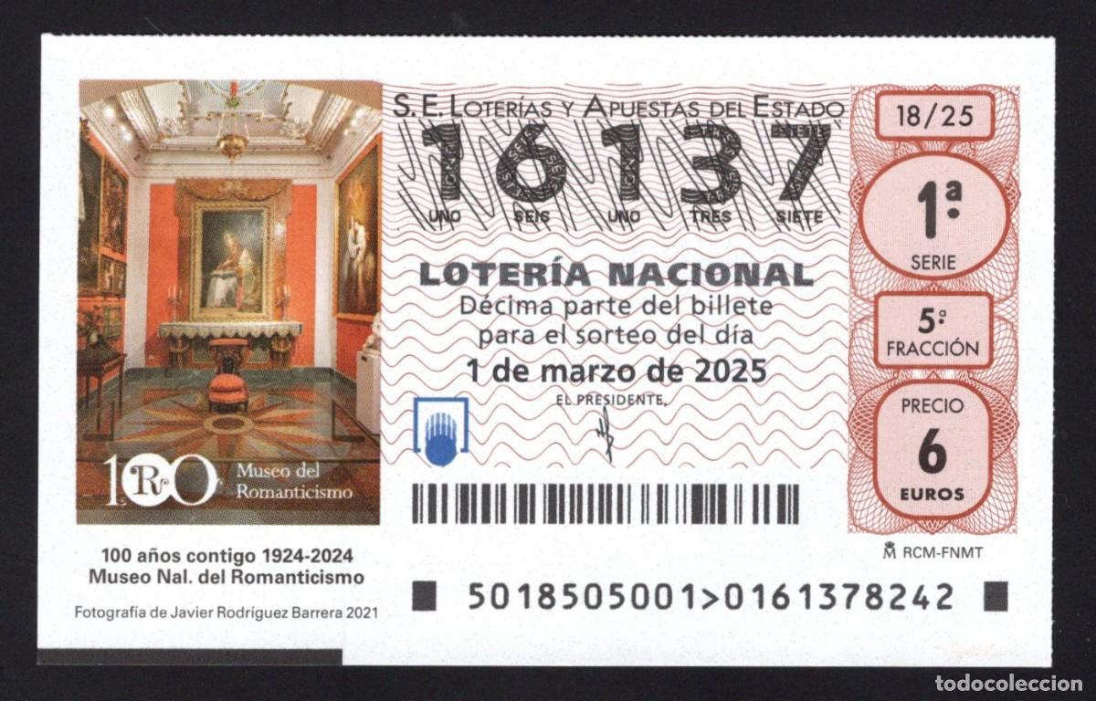Nationale spanische Lotterie: L. 1 marzo 2025. 100 A&ntilde;os contigo. Museo del Romanticismo. Adm&oacute;n 27 La Ranita de la Suerte (Madrid).