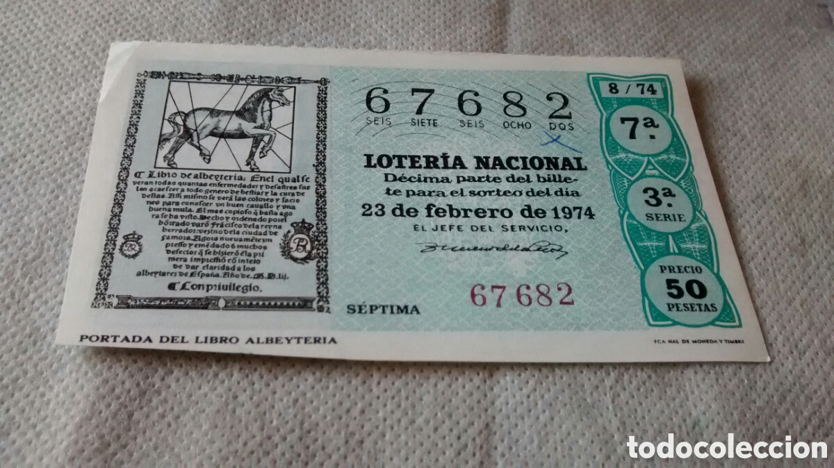 Nationale spanische Lotterie: DECIMO DE LA LOTERIA NACIONAL. SORTEO 23 FEBRERO 1974, 8/74 PORTADA DEL LIBRO ALBEYTERIA