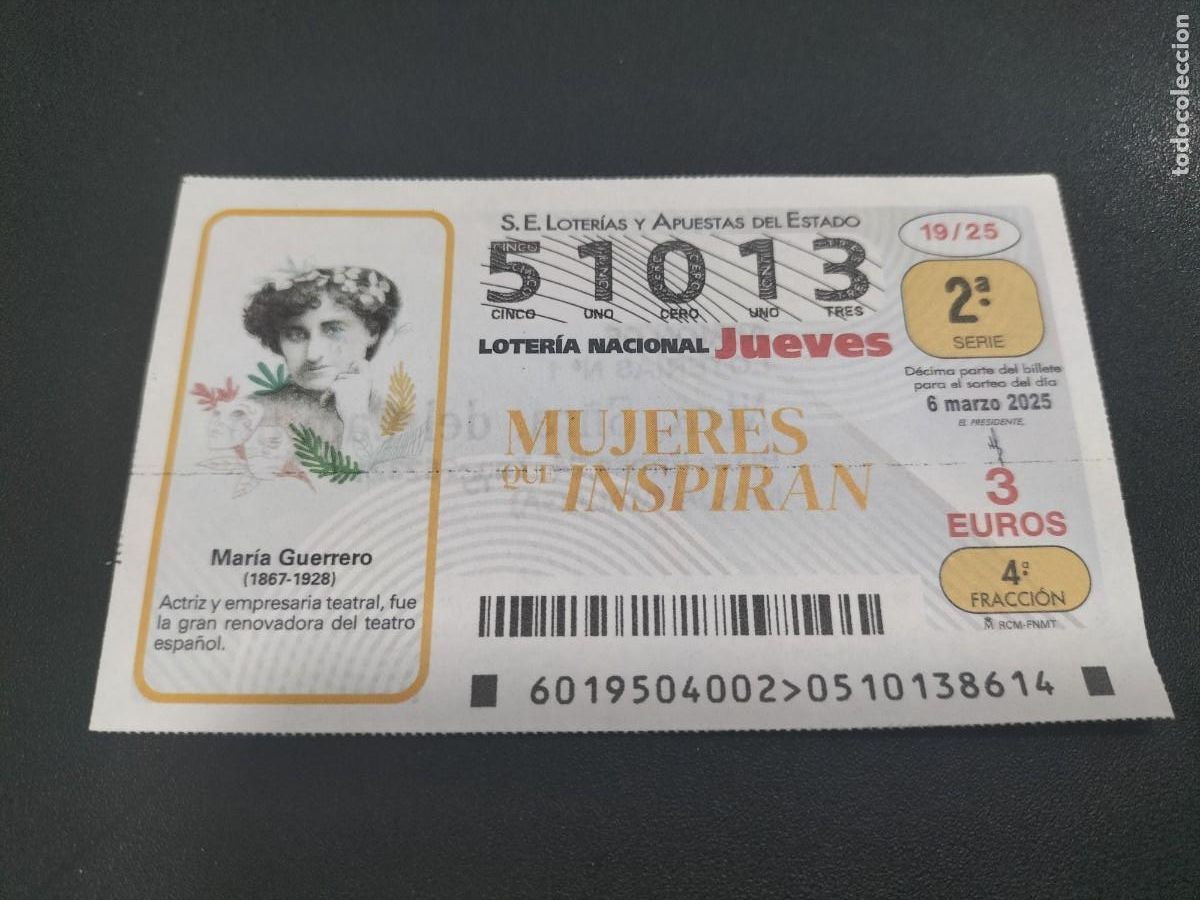Nationale spanische Lotterie: 1 DECIMO LOTER&Iacute;A JUEVES 6 MARZO 2025 19/25 - MUJERES QUE INSPIRAN - MARIA GUERRERO