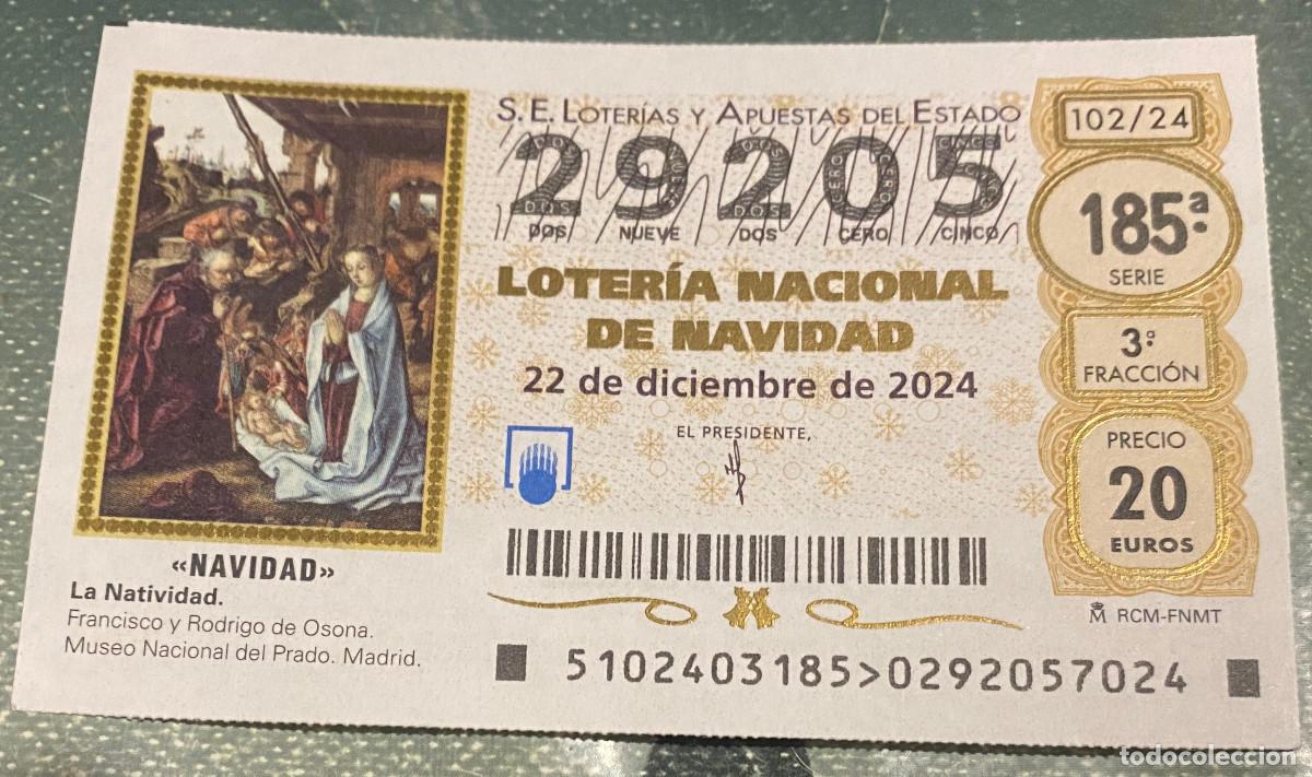 Nationale spanische Lotterie: D&eacute;cimo Loter&iacute;a Navidad 2024. N&ordm; 29205. Sello Administraci&oacute;n 1 de Setenil de las Bodegas por detr&aacute;s.