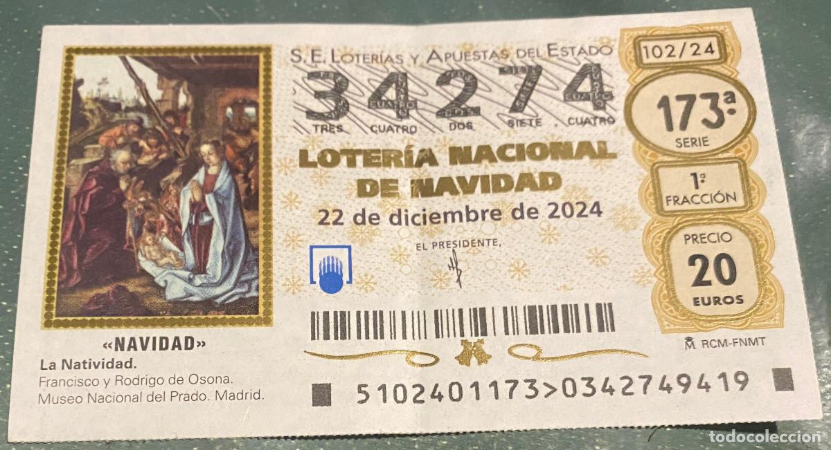 Nationale spanische Lotterie: D&eacute;cimo de Loter&iacute;a de Navidad 2024. N&ordm; 34274. Sello Administraci&oacute;n Palmas Altas de Sevilla por detr&aacute;s
