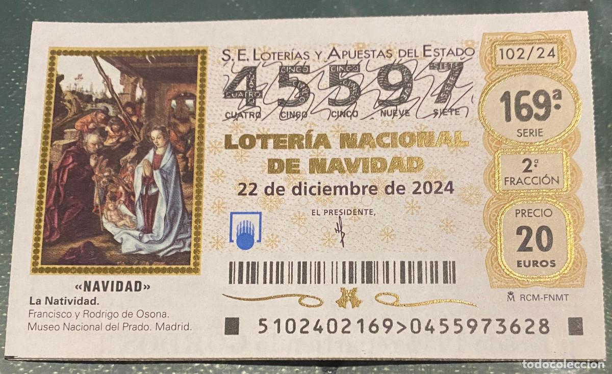 Loterie Nationale: D&eacute;cimo de Loter&iacute;a de Navidad 2024. N&ordm; 45597. Sello Administraci&oacute;n n&ordm; 12 de Sevilla por detr&aacute;s.