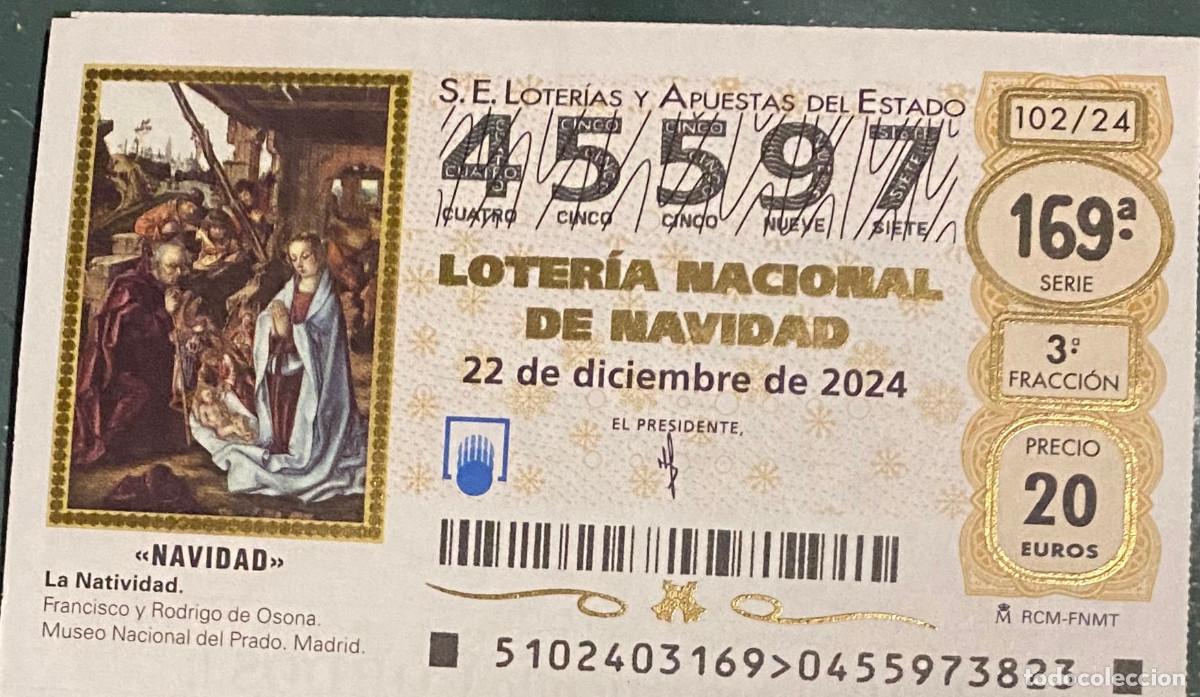 Loterie Nationale: D&eacute;cimo de Loter&iacute;a de Navidad 2024. N&ordm; 45597. Sello Administraci&oacute;n n&ordm; 12 de Sevilla por detr&aacute;s.