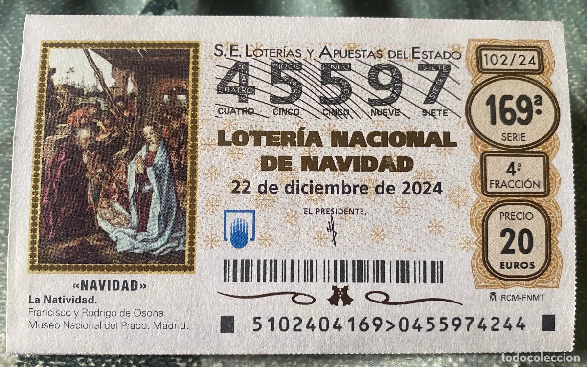 Loterie Nationale: D&eacute;cimo de Loter&iacute;a de Navidad 2024. N&ordm; 45597. Sello Administraci&oacute;n n&ordm; 12 de Sevilla por detr&aacute;s.