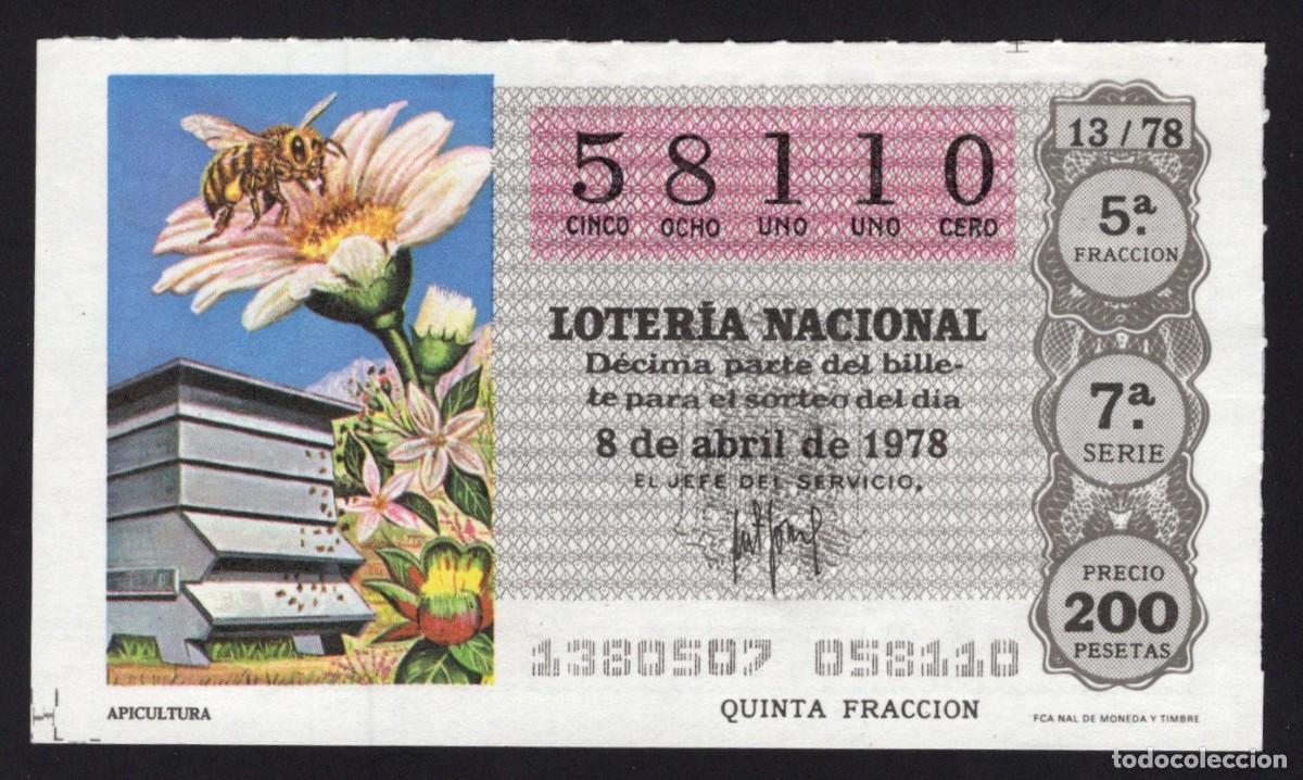 Loterie Nationale: L. Nacional 8 Abril 1978. Apicultura. N&ordm; 58110. Adm&oacute;n. 76 La Presilla. Madrid. Desaparecida.