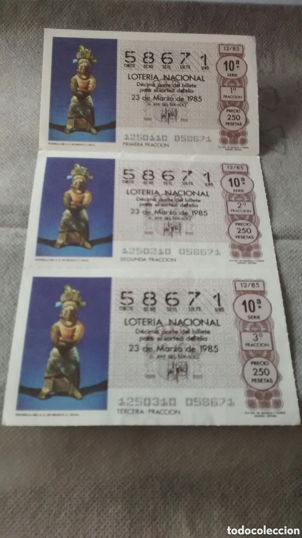 Loterie Nationale: 3 DECIMOS DE LA LOTERIA NACIONAL. SORTEO 23 MARZO 1985 12/85 FIGURILLA DEL S.E DE MEXICO. MAYA