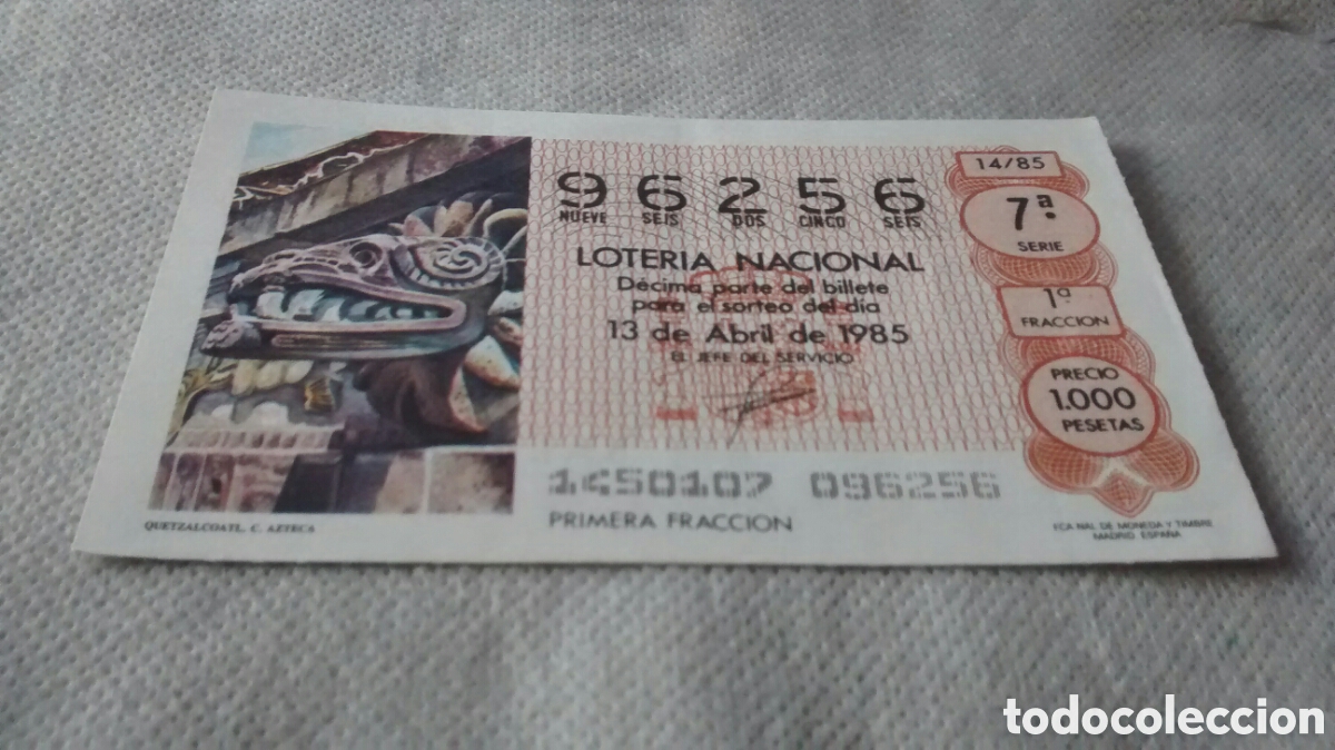 Loterie Nationale: DECIMO DE LA LOTERIA NACIONAL. SORTEO 13 ABRIL 1985 14/85 QUETZALCOATL. AZTECA
