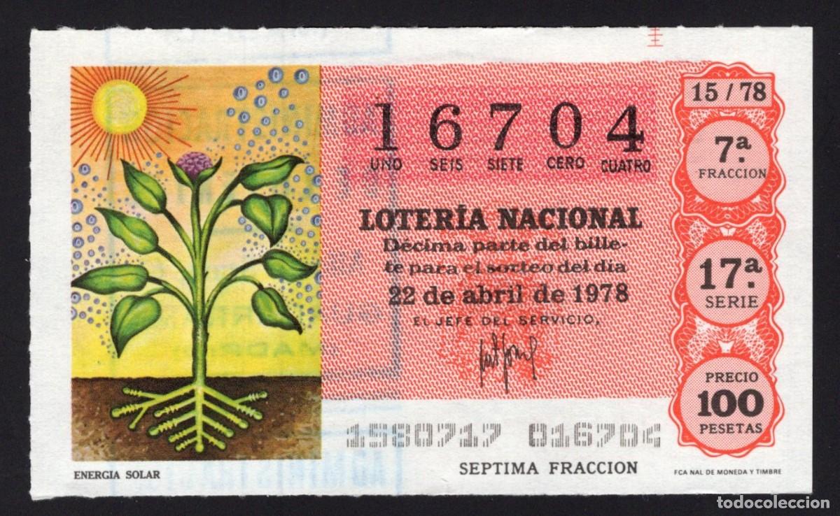 Loterie Nationale: L. Nacional 22 Abril 1978. Energ&iacute;a Solar. N&ordm; 16704. Adm&oacute;n. Guadarrama. Madrid.