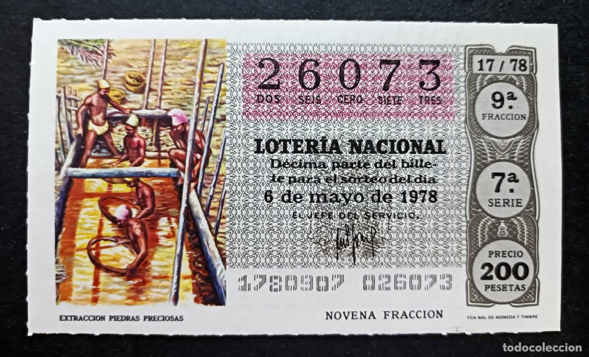 Nationale spanische Lotterie: L. Nacional 6 Mayo 1978. Extracci&oacute;n Piedras Preciosas. N&ordm; 26073. Adm&oacute;n. n&ordm; 65 Embajadores. Madrid.