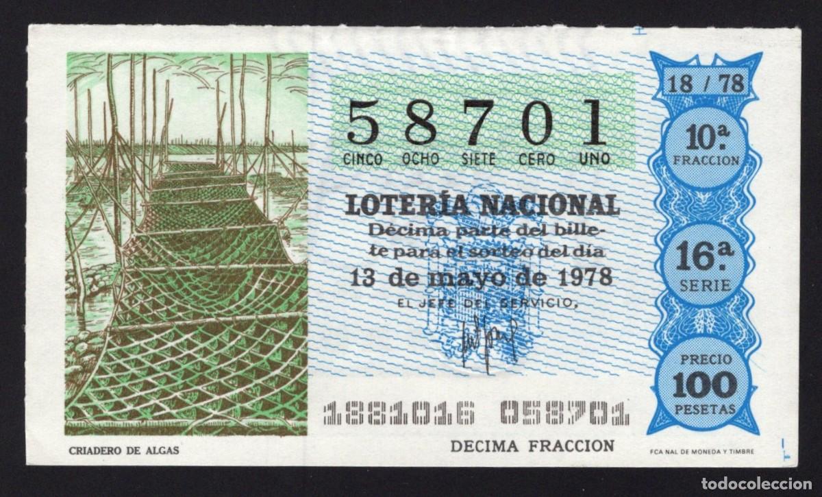 Nationale spanische Lotterie: L Nacional 13 Mayo 1978. Criadero de Algas. N&ordm; 58701. Admon 92. Madrid.