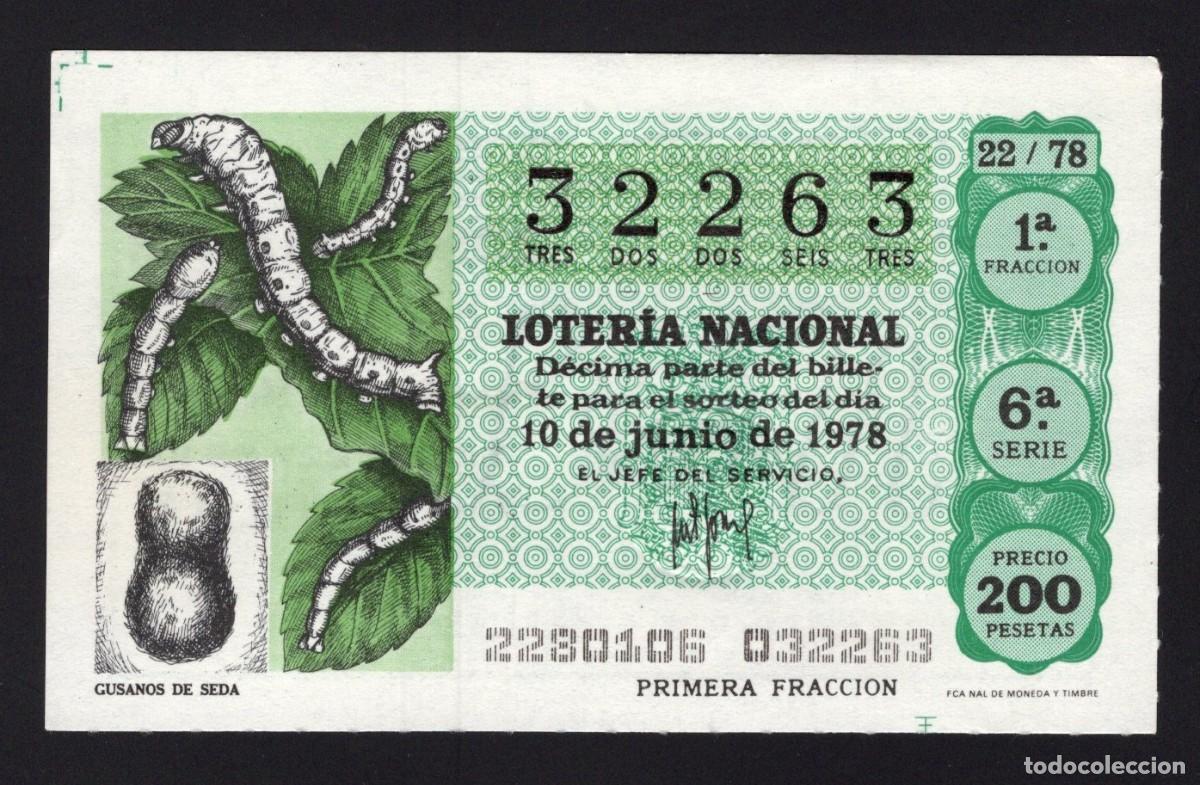 Nationale spanische Lotterie: L. Nacional 10 Junio de 1978. Gusano de seda. N&ordm; 32263. Adm&oacute;n n&ordm; 51 Madrid. Desaparecida.