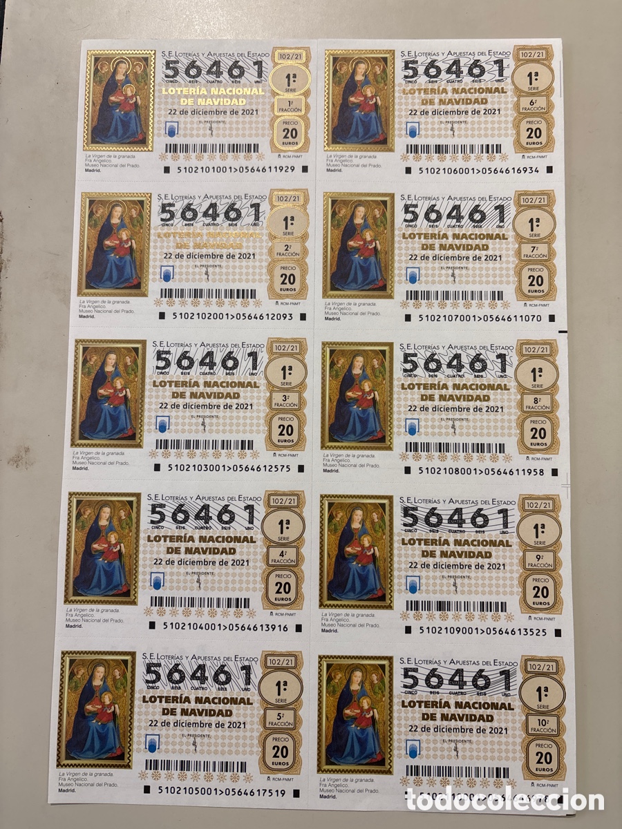 Loterie Nationale: HOJA 10 DECIMOS. LOTERIA NACIONAL NAVIDAD, 22 DICIEMBRE 2021. N&Uacute;M. 56461. RCM-FNMT.