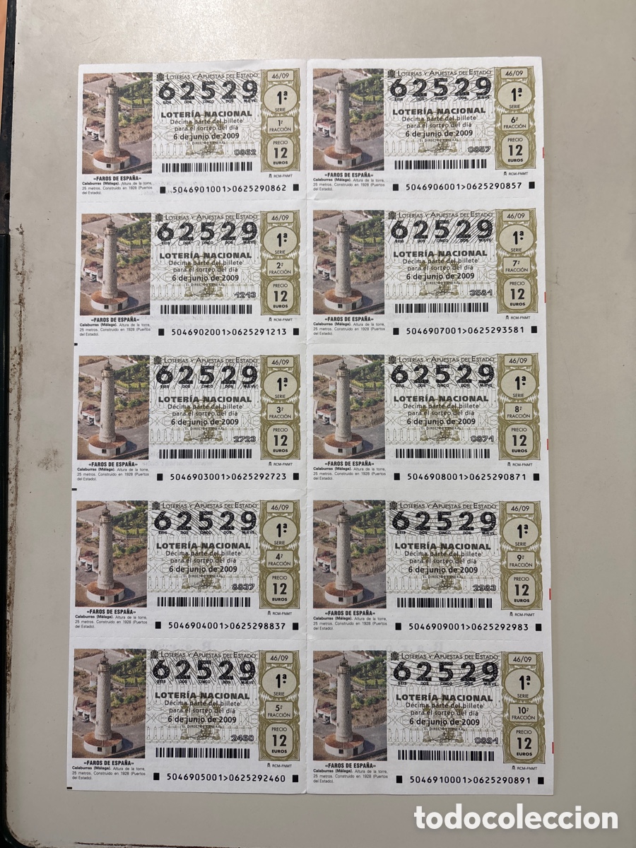 Loterie Nationale: HOJA DE 10 DECIMOS LOTERIA NACIONAL. SORTEO 6 JUNIO DE 2009. N&Uacute;M. 62529. RCM -FNMT