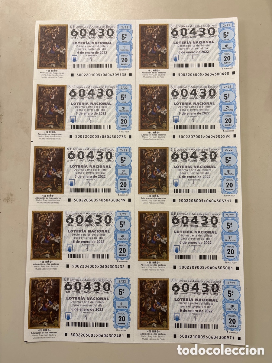 Loterie Nationale: HOJA 10 DECIMOS. LOTERIA NACIONAL. SORTEO, 6 ENERO 2022. RCM - FNMT.