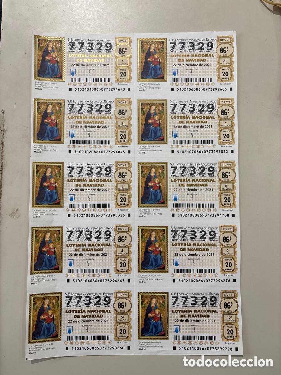 Loterie Nationale: HOJA 10 DECIMOS. LOTERIA NACIONAL DE NAVIDAD. SORTEO 22 DICIEMBRE 2021. N&Uacute;M. 77329. RCM -FNMT.