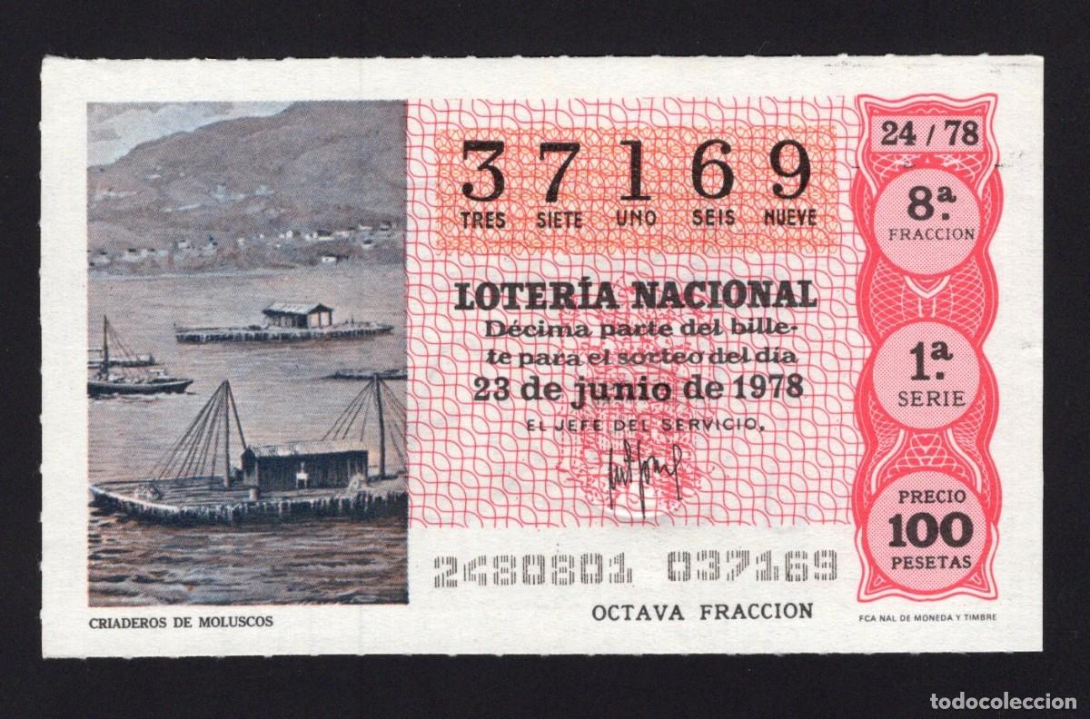 National Spanish Lottery: L. Nacional 23 de Junio 1978. Criaderos de Moluscos. N&ordm; 37169. Adm&oacute;n. La Ardilla. Madrid.