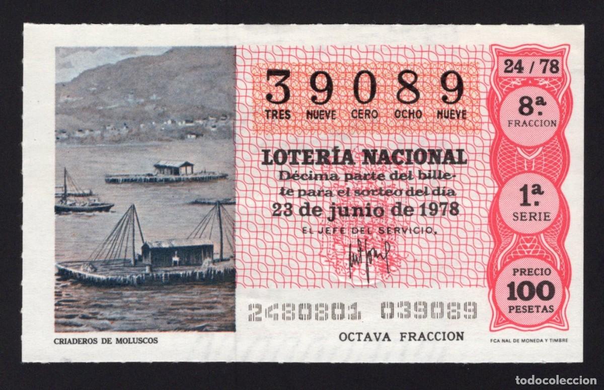 National Spanish Lottery: L. Nacional 23 de Junio 1978. Criaderos de Moluscos. N&ordm; 39089. Adm&oacute;n 12 Conchita. Madrid.
