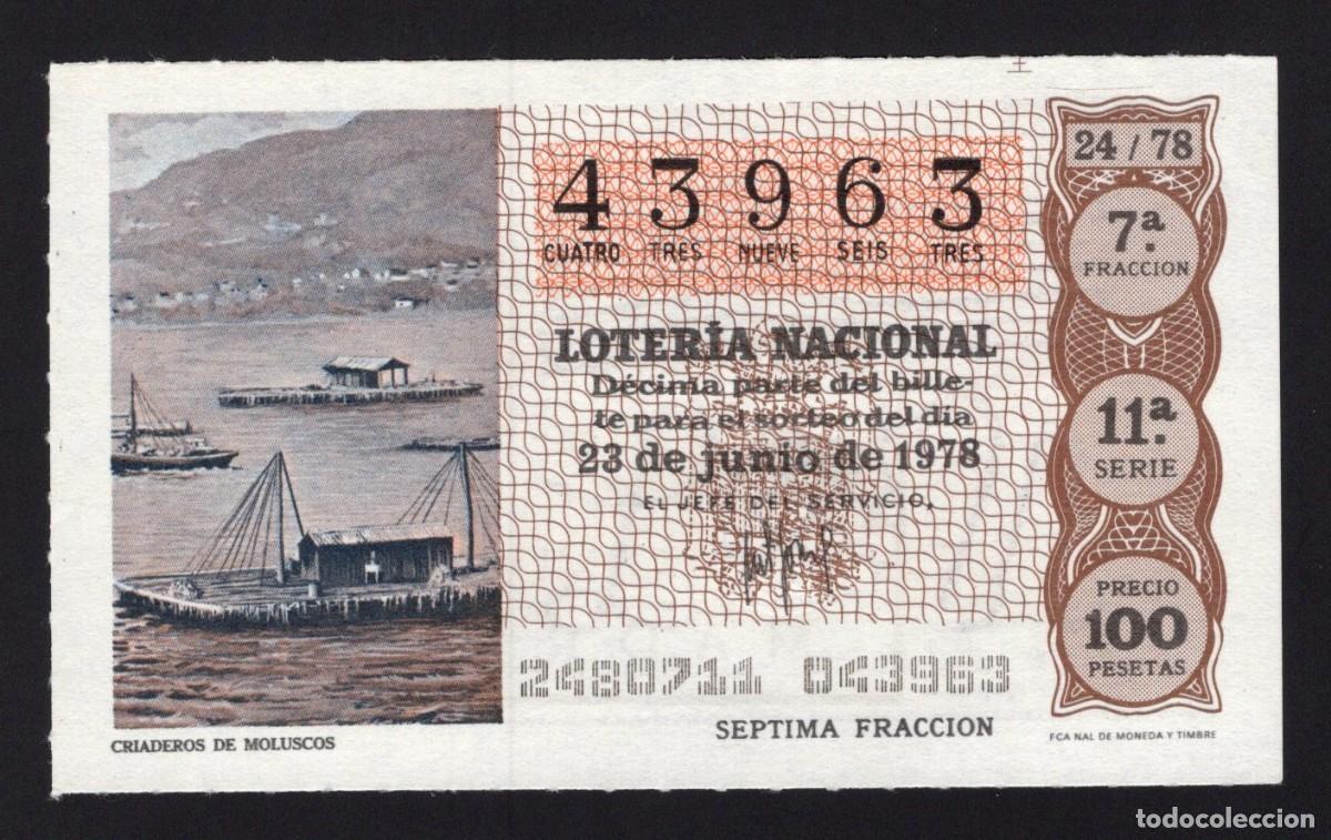National Spanish Lottery: L. Nacional 23 Junio 1978. Criaderos Moluscos. N&ordm; 43963. Adm&oacute;n 88. Madrid.